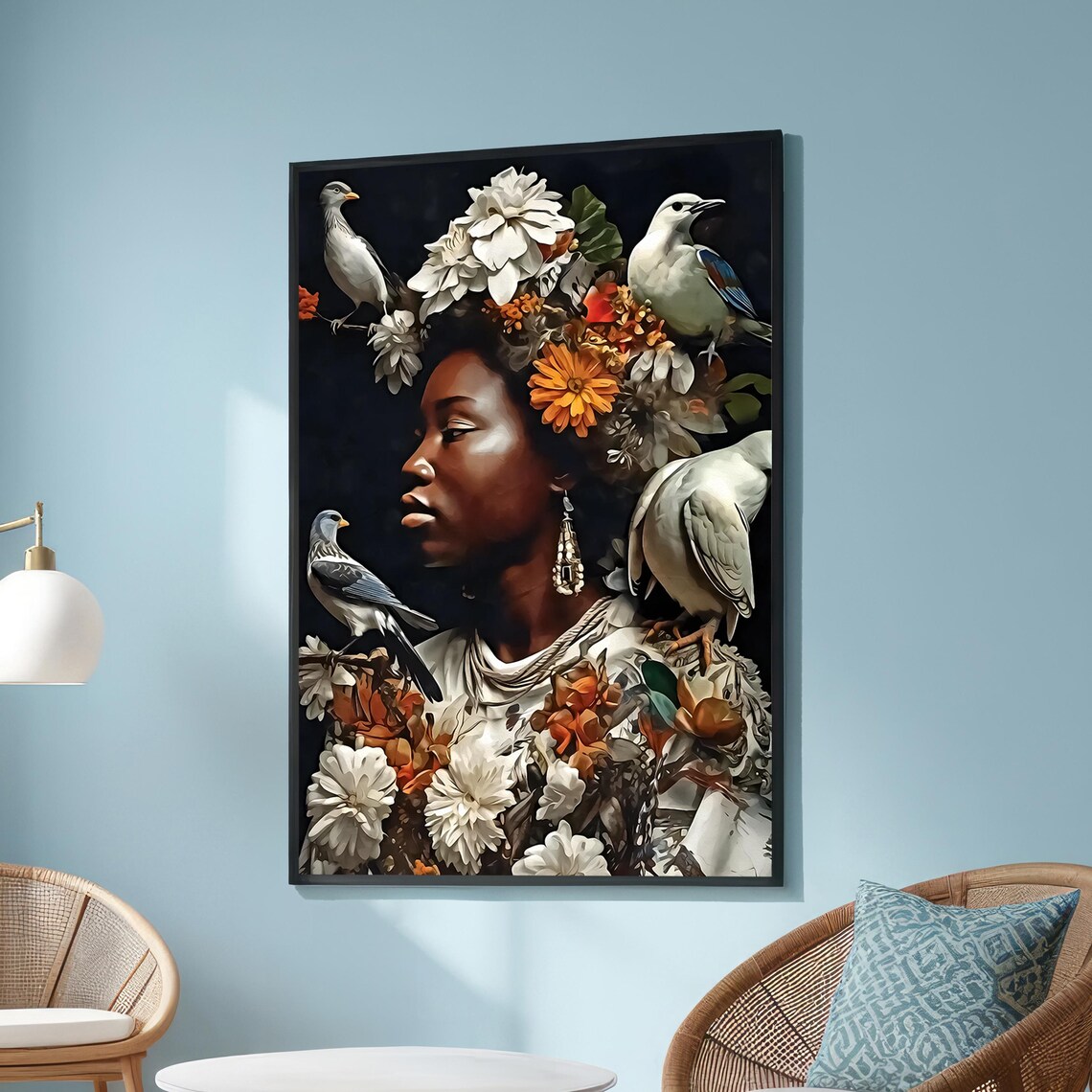 African Woman Flower Crown White Birds Portrait Fine Artwork Poster