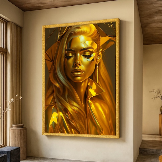 Golden Woman Portrait Poster Liquid Metallic Gold Glamour Futuristic Art