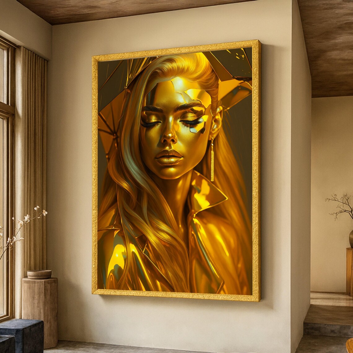 Golden Woman Portrait Poster Liquid Metallic Gold Glamour Futuristic Art
