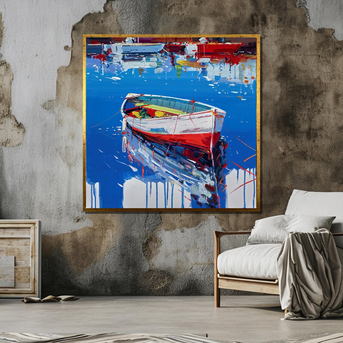 Vibrant Boat on Blue Water, Impressionist Nautical Art - Image 6