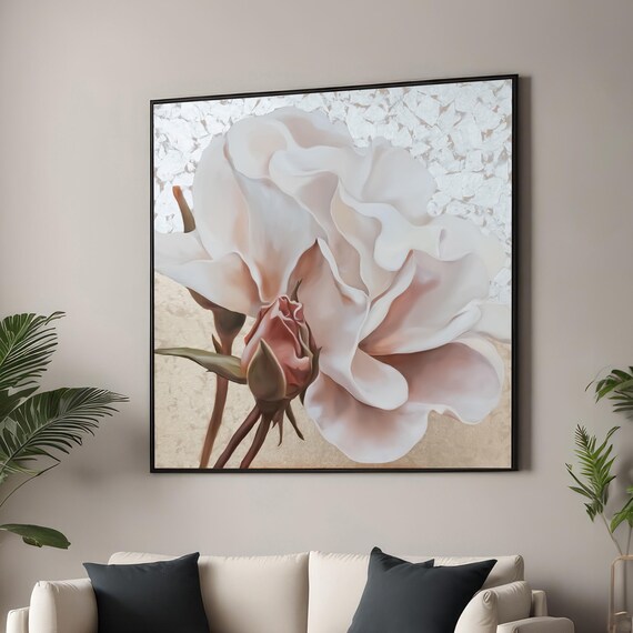 Elegant Blush White Rose Bud Soft Floral Macro Artwork Poster