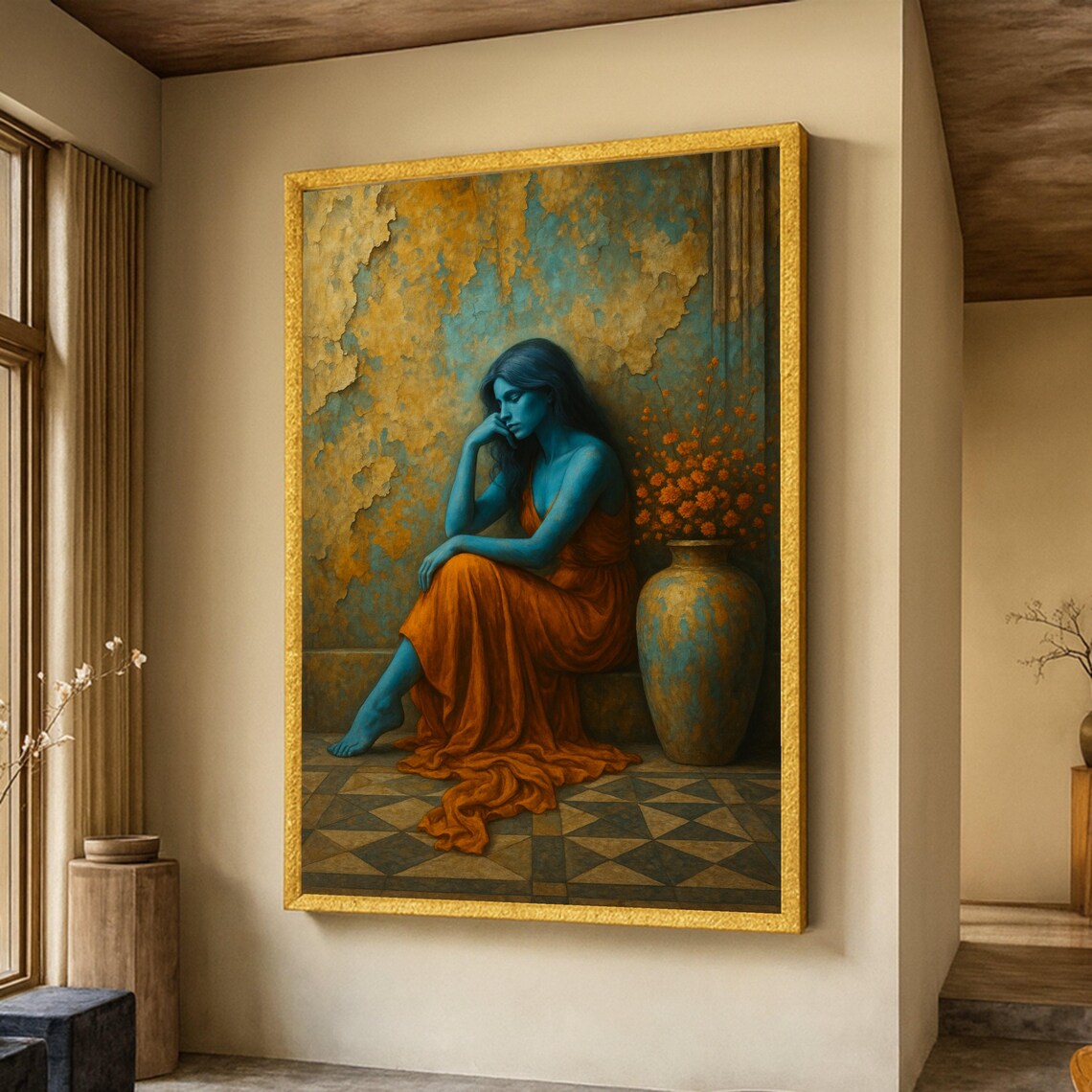 Blue Female Portrait Orange Dress, Vintage Art Print