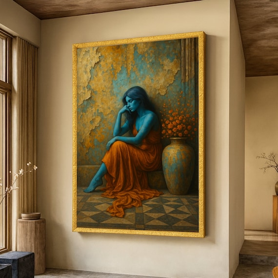 Blue Female Portrait Orange Dress, Vintage Art Print