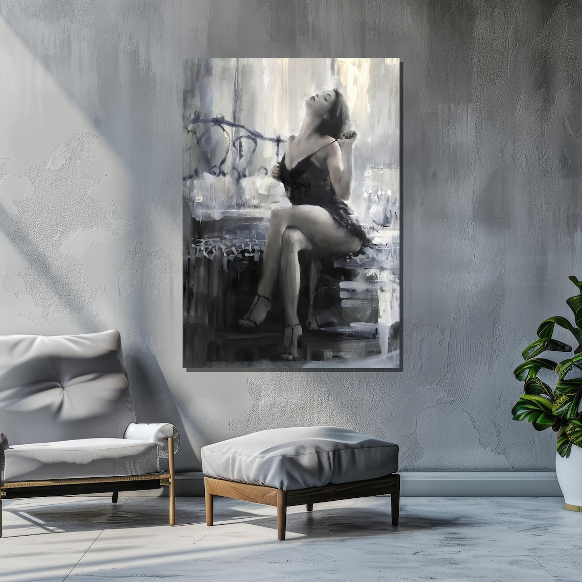 Elegant Woman in Black Lace, Monochromatic Realism - Image 2