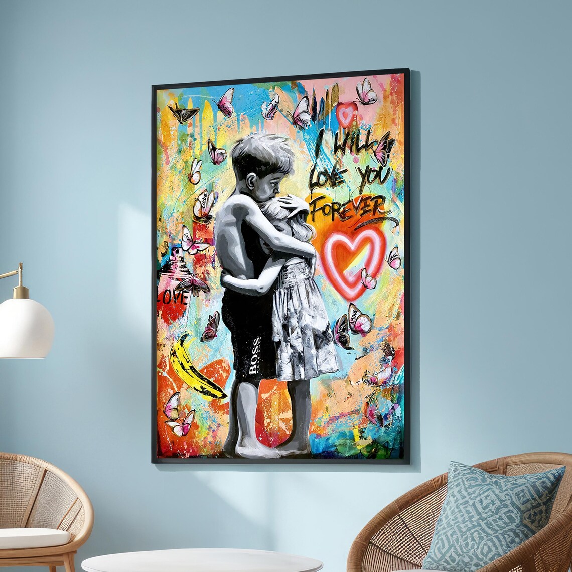 Romantic Couple Hug Painting, Abstract Love Art