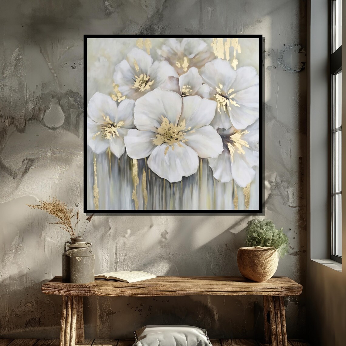 Elegant White Flowers With Gold Accents, Modern Floral - Image 4