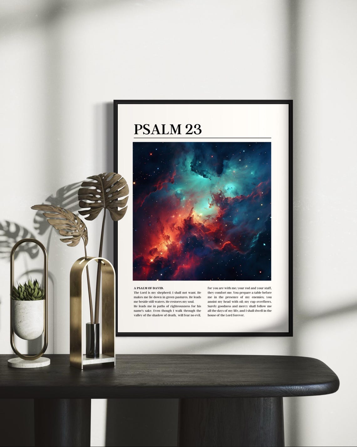 Psalm 23 Bible Verse Poster with Teal and Red Galaxy Nebula Image - Image 3