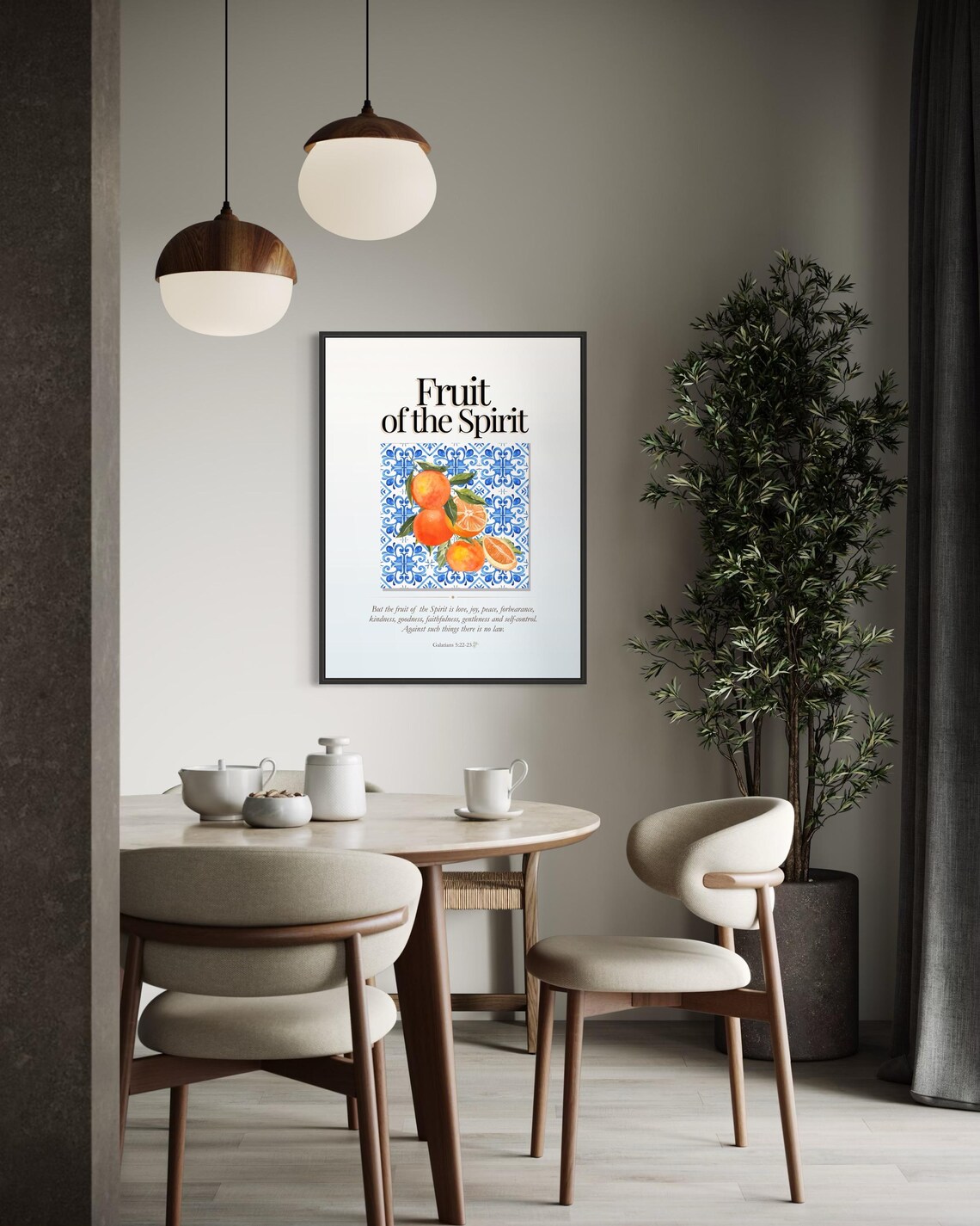 Fruit of the Spirit Citrus and Blue Tile Bible Verse Poster on White - Image 2