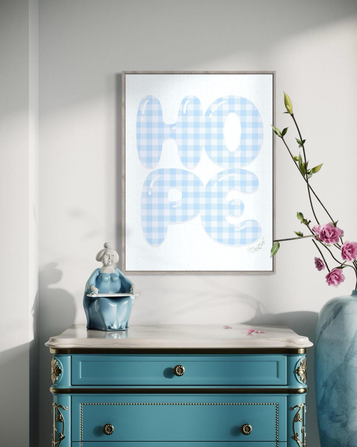 Hope Blue Gingham Bubble Letter Typography Quote Decor Poster