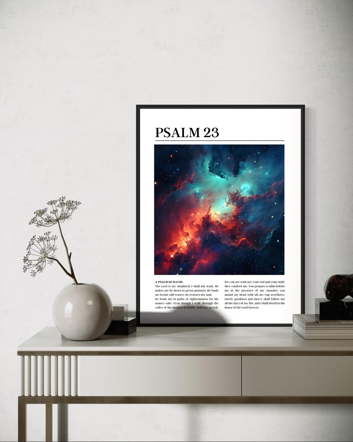 Psalm 23 Bible Verse Poster with Teal and Red Galaxy Nebula Image - Image 4