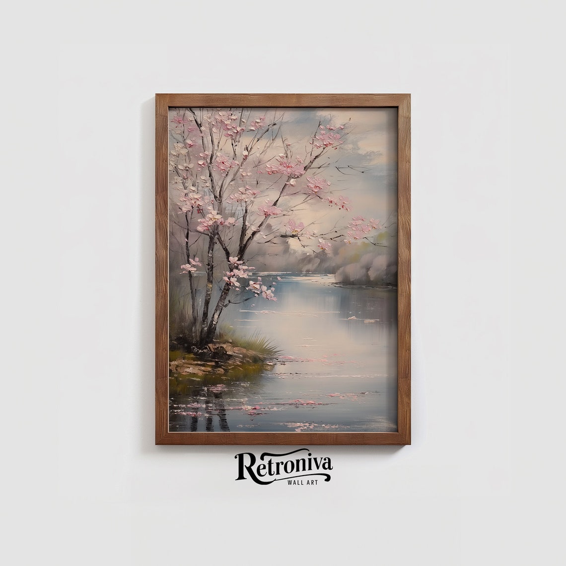 Cherry Blossom Tree by Calm Spring Lake Moody Blossom Painting Poster - Image 4