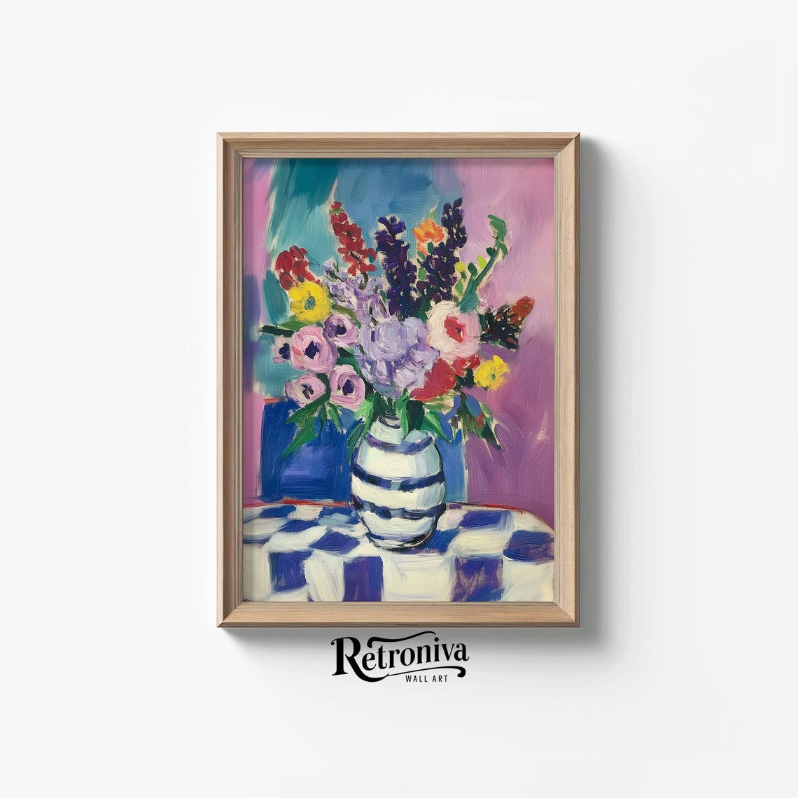 Colorful Flower Bouquet in Striped Vase Vibrant Abstract Poster