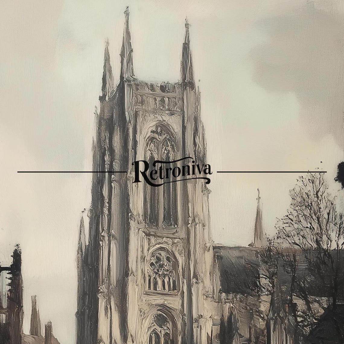 Moody Gothic Cathedral Tower Down A Dark Old Street Painting Poster - Image 7