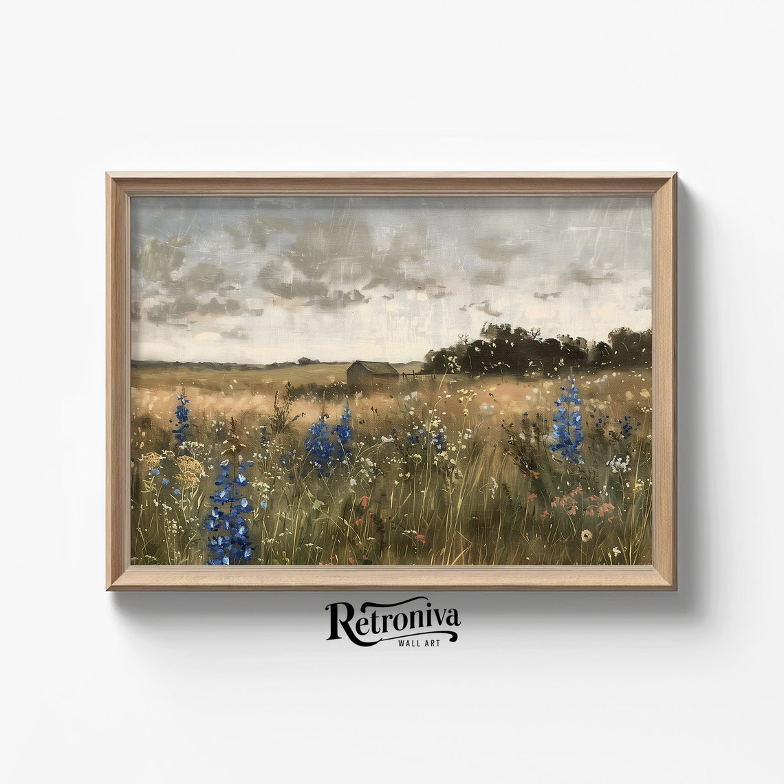 Muted Wildflower Field With Blue Blossoms And A Distant Barn Poster