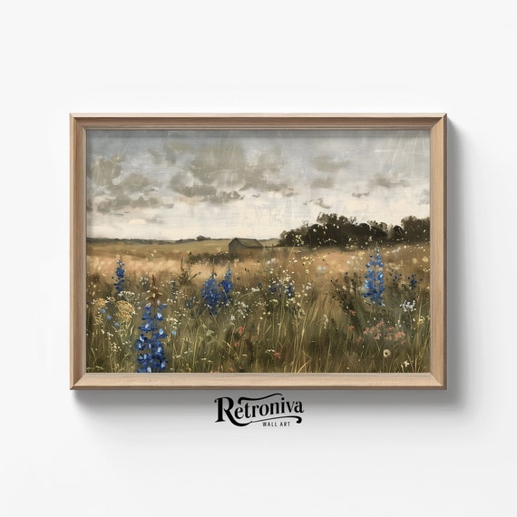 Vintage Wildflower Field Landscape Oil Painting Country Field Farmhouse Wall Art Moody Spring Prints Retroniva Art Spg 002