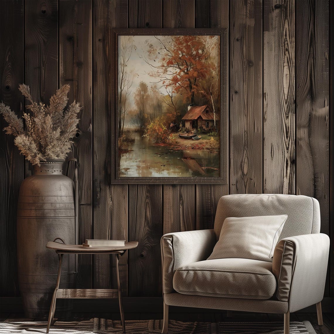 Autumn Riverside Cabin Vintage Fall Landscape Oil Painting Poster - Image 3