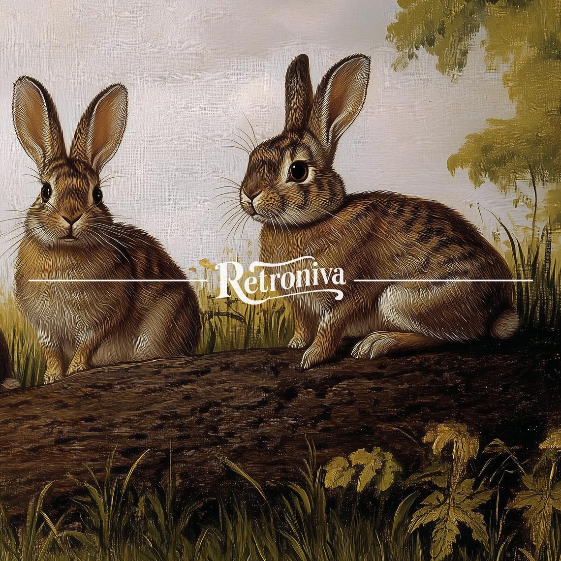 Three Brown Rabbits on Log Vintage Woodland Bunny Painting Poster - Image 7