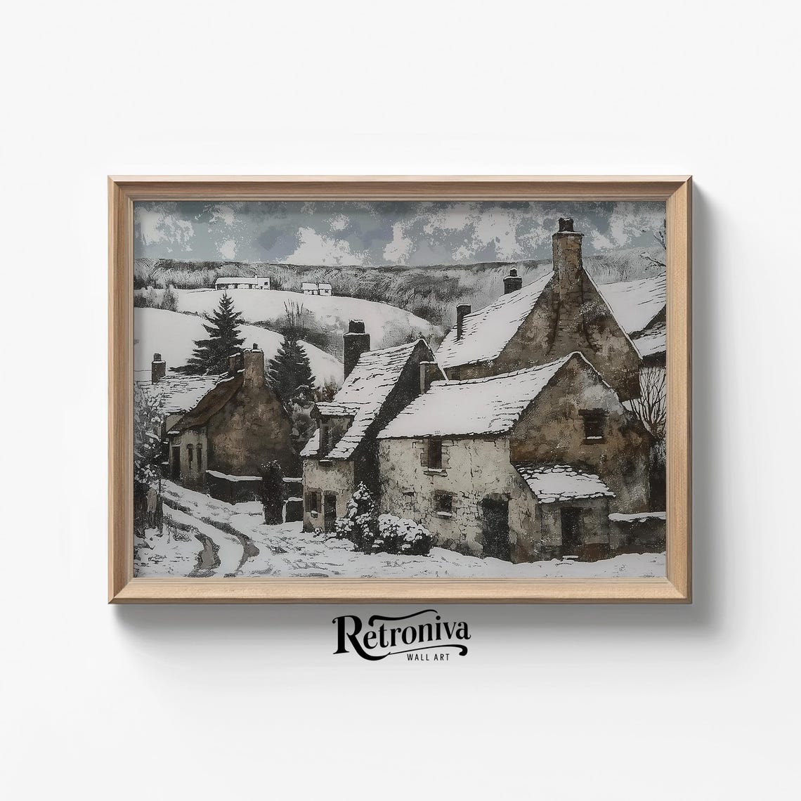 Rustic Snowy Stone Village With Chimneys Vintage Winter Poster
