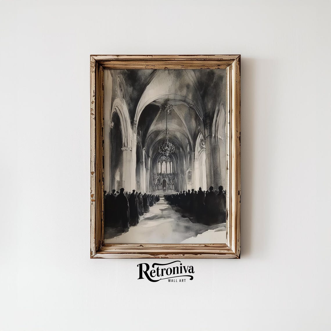 Moody Gothic Cathedral Interior Dark Watercolor Crowd Scene Poster - Image 4