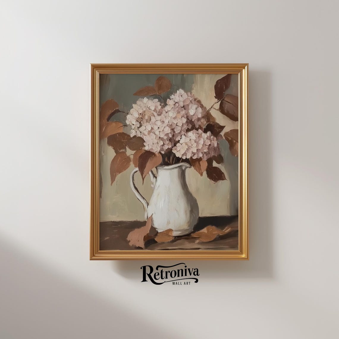Pink Hydrangea in White Pitcher Moody Vintage Flower Painting Poster - Image 2