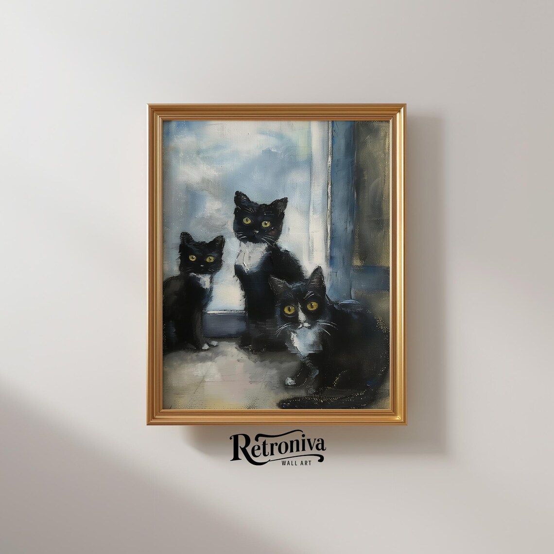 Three Black Cats at the Doorway Vintage Cat Portrait Painting Poster - Image 2