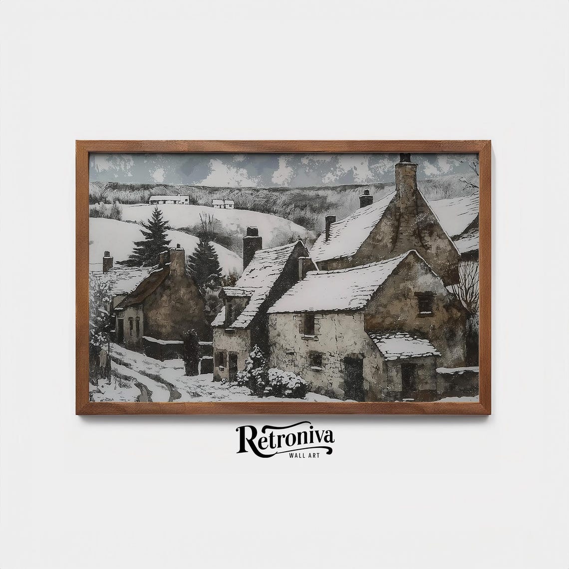 Rustic Snowy Stone Village With Chimneys Vintage Winter Poster - Image 4