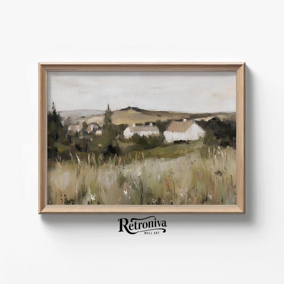 Vintage Country Landscape Antique Oil Painting Rustic Farmhouse Wall Art Moody Countryside Art Print Retroniva Art Lnd 008