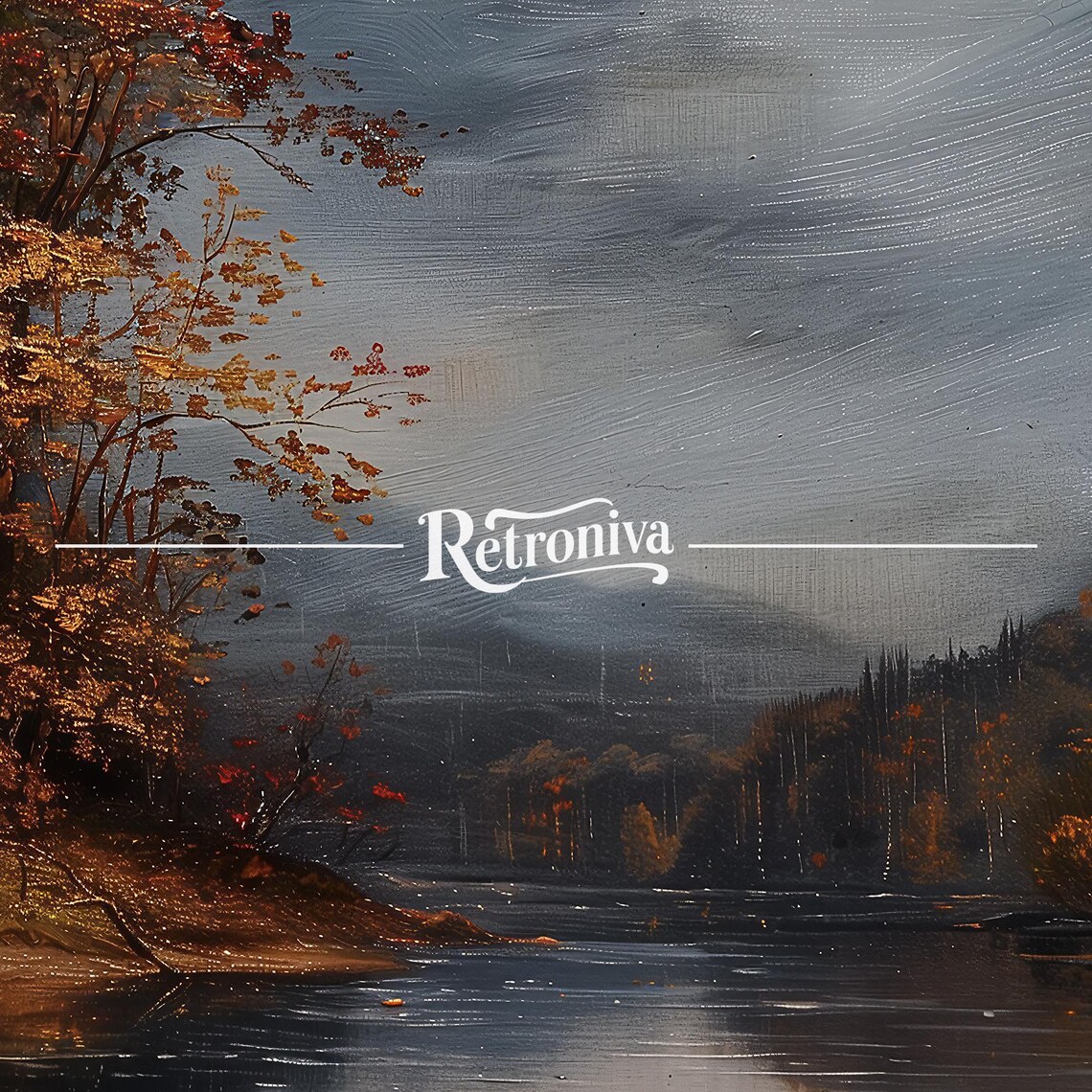 Moody Autumn Lake Stormy Sky Rustic Fall Landscape Vintage Painting Poster - Image 7