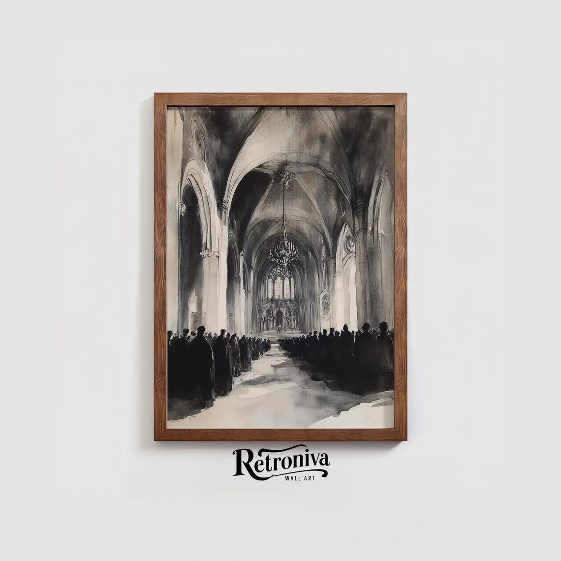 Moody Gothic Cathedral Interior Dark Watercolor Crowd Scene Poster - Image 3
