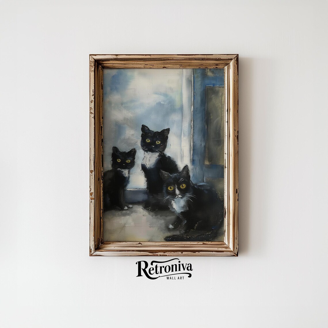 Three Black Cats at the Doorway Vintage Cat Portrait Painting Poster - Image 4