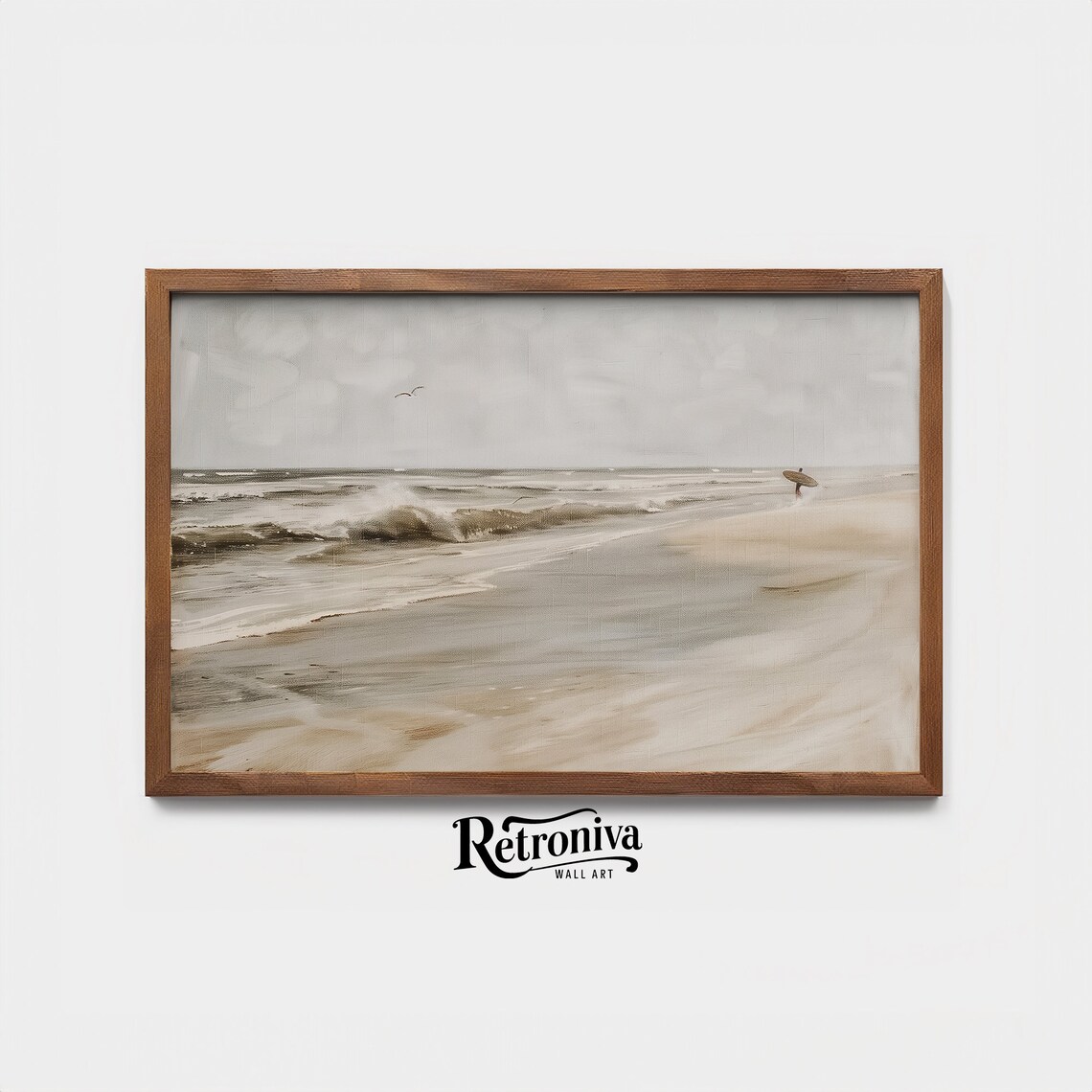Lone Surfer On Muted Beach Gray Vintage Coastal Seascape Print - Image 4
