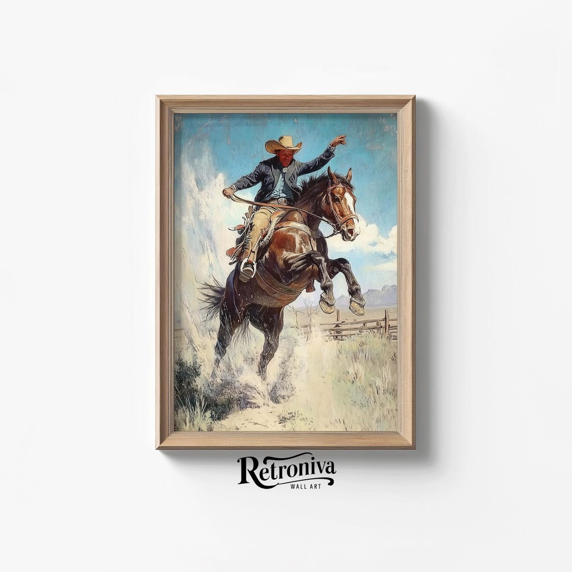 Cowboy On Bucking Horse Vintage Western Rodeo Oil Painting Poster