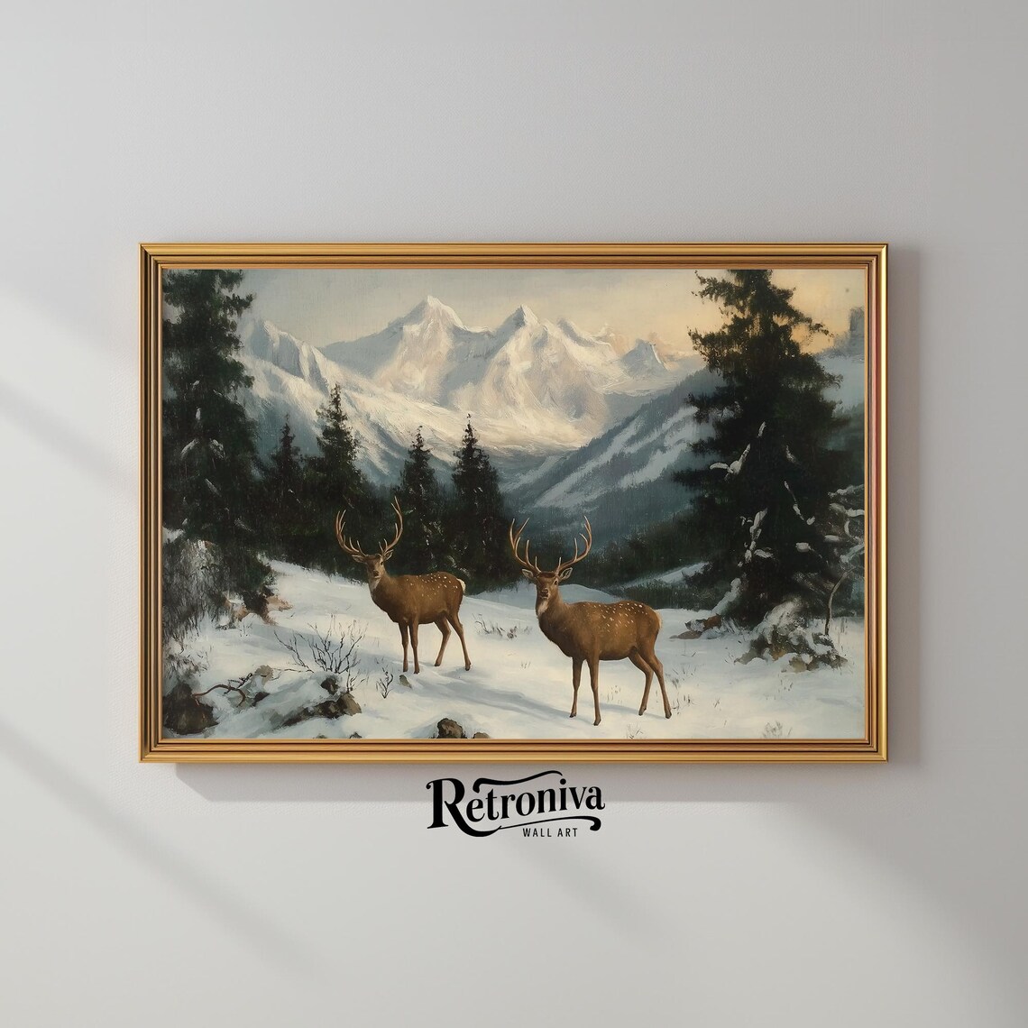 Deer In Snowy Mountain Landscape, Vintage Winter Poster - Image 2