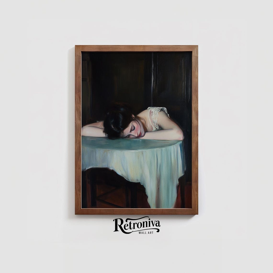 Sleepy Woman Resting Head Table Dark Moody Vintage Oil Painting Poster - Image 3