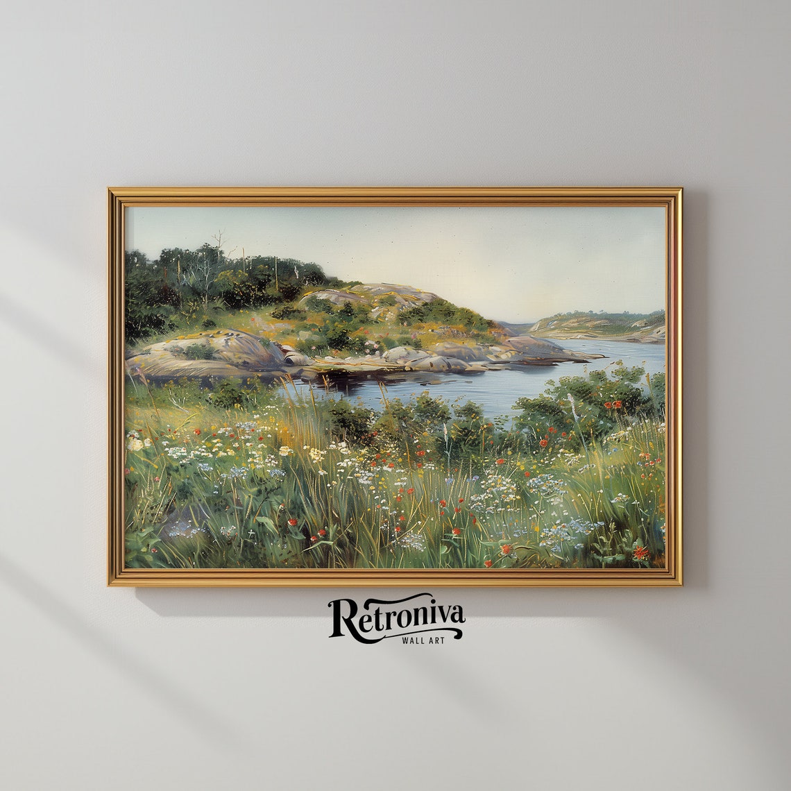 Vintage Summer Riverside Wildflower Meadow And Rocky Hills Poster - Image 2