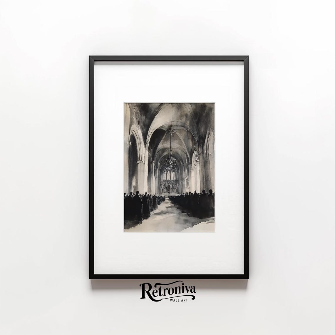 Moody Gothic Cathedral Interior Dark Watercolor Crowd Scene Poster - Image 6