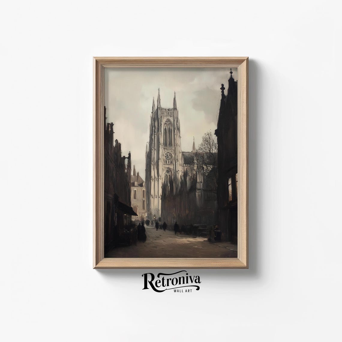 Moody Gothic Cathedral Tower Down A Dark Old Street Painting Poster