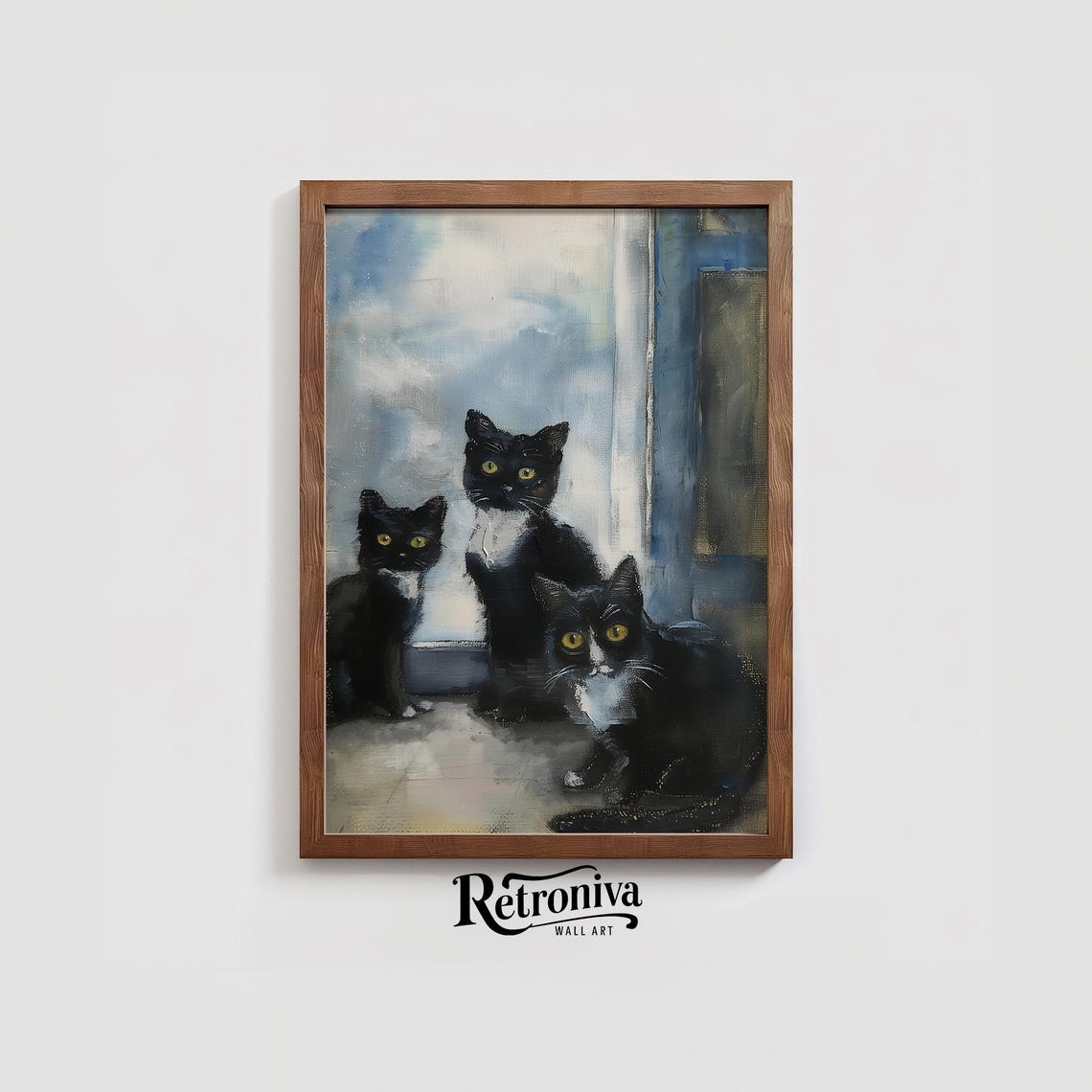 Three Black Cats at the Doorway Vintage Cat Portrait Painting Poster - Image 3