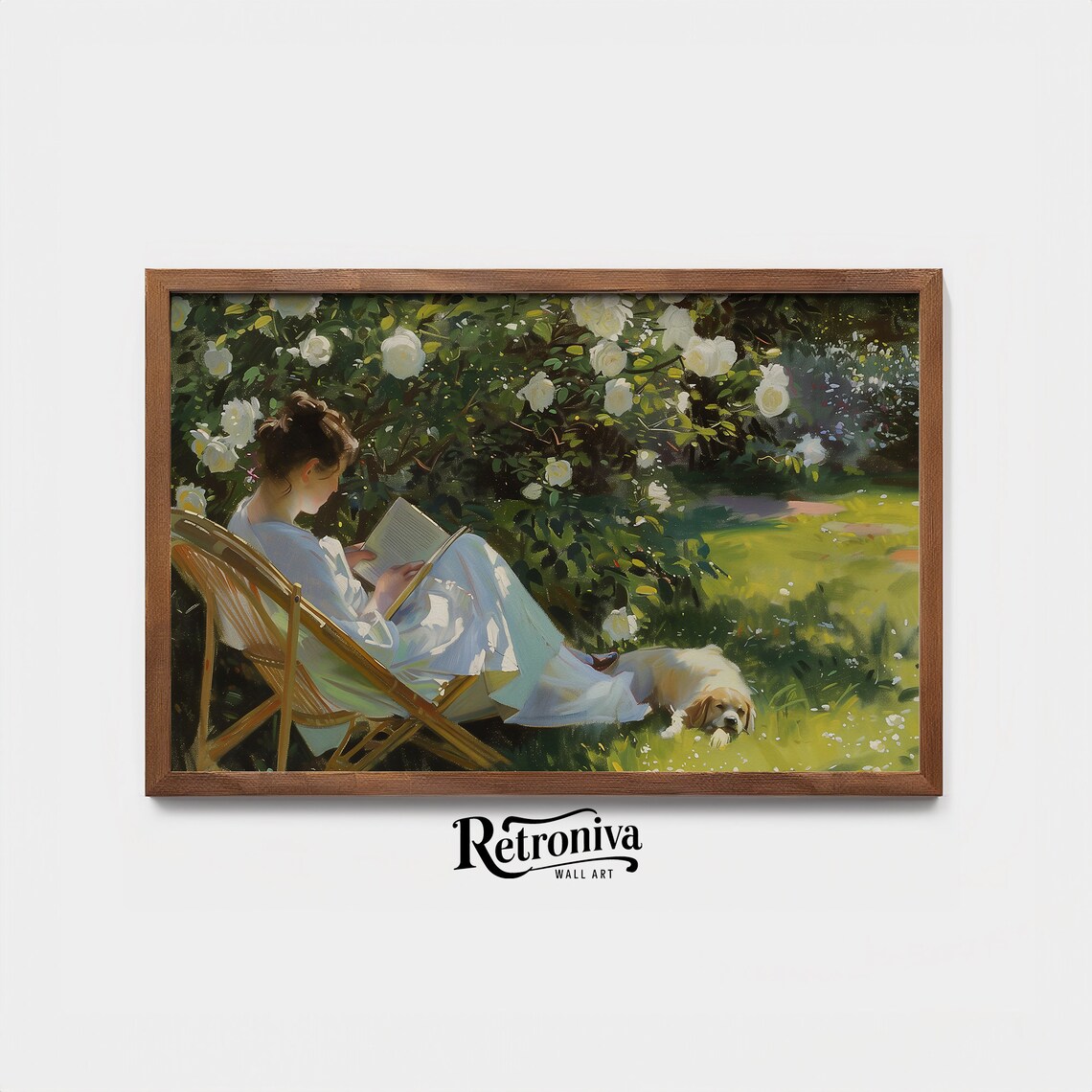 Woman Reading In Garden Vintage Oil Painting Print - Image 3