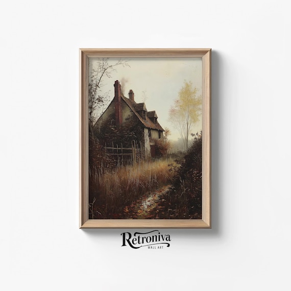 Old English Cottage in Autumn Grasses Rustic Fall Landscape Poster