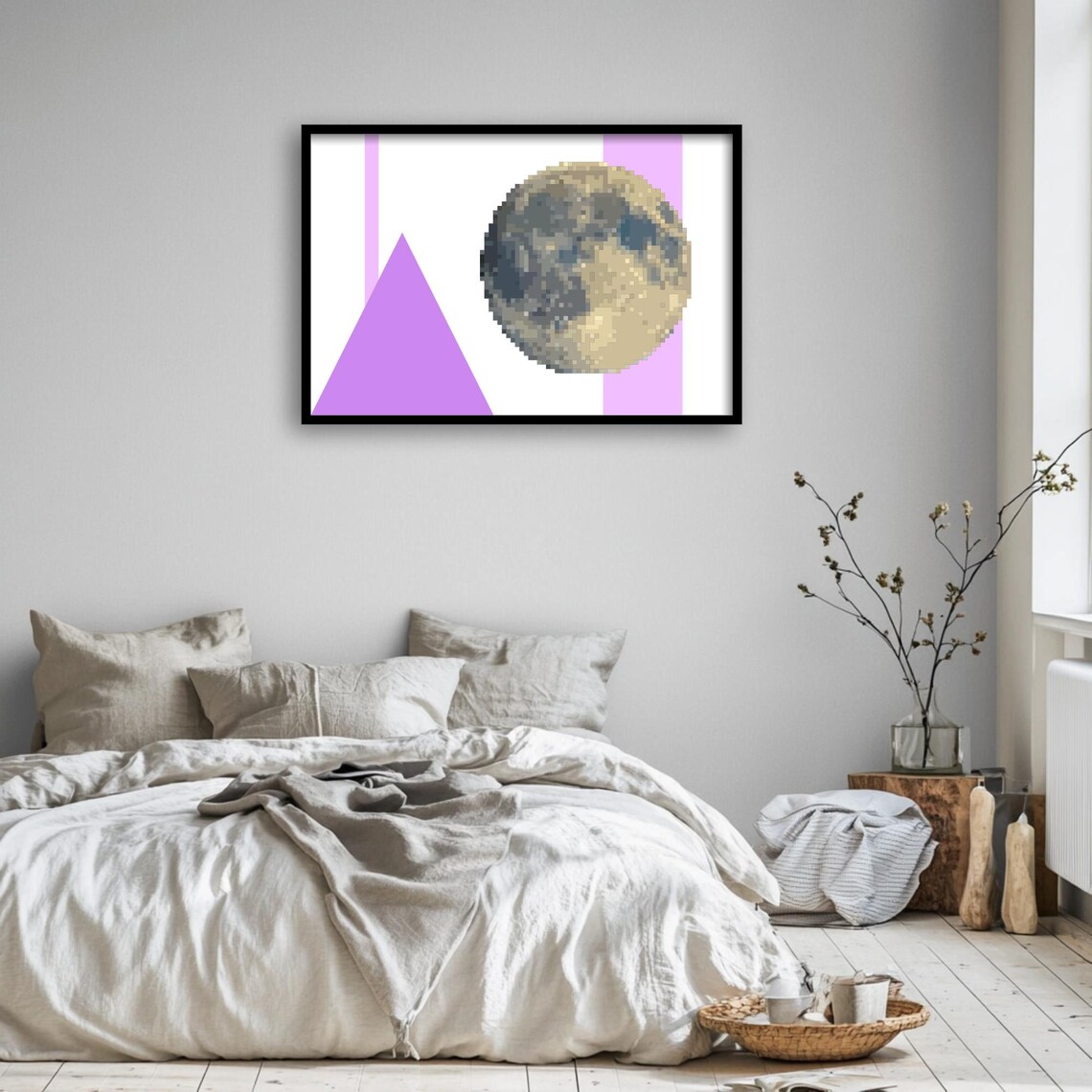 Retro Game Moon Pixel Art, Geometric Space Decor - Image 3