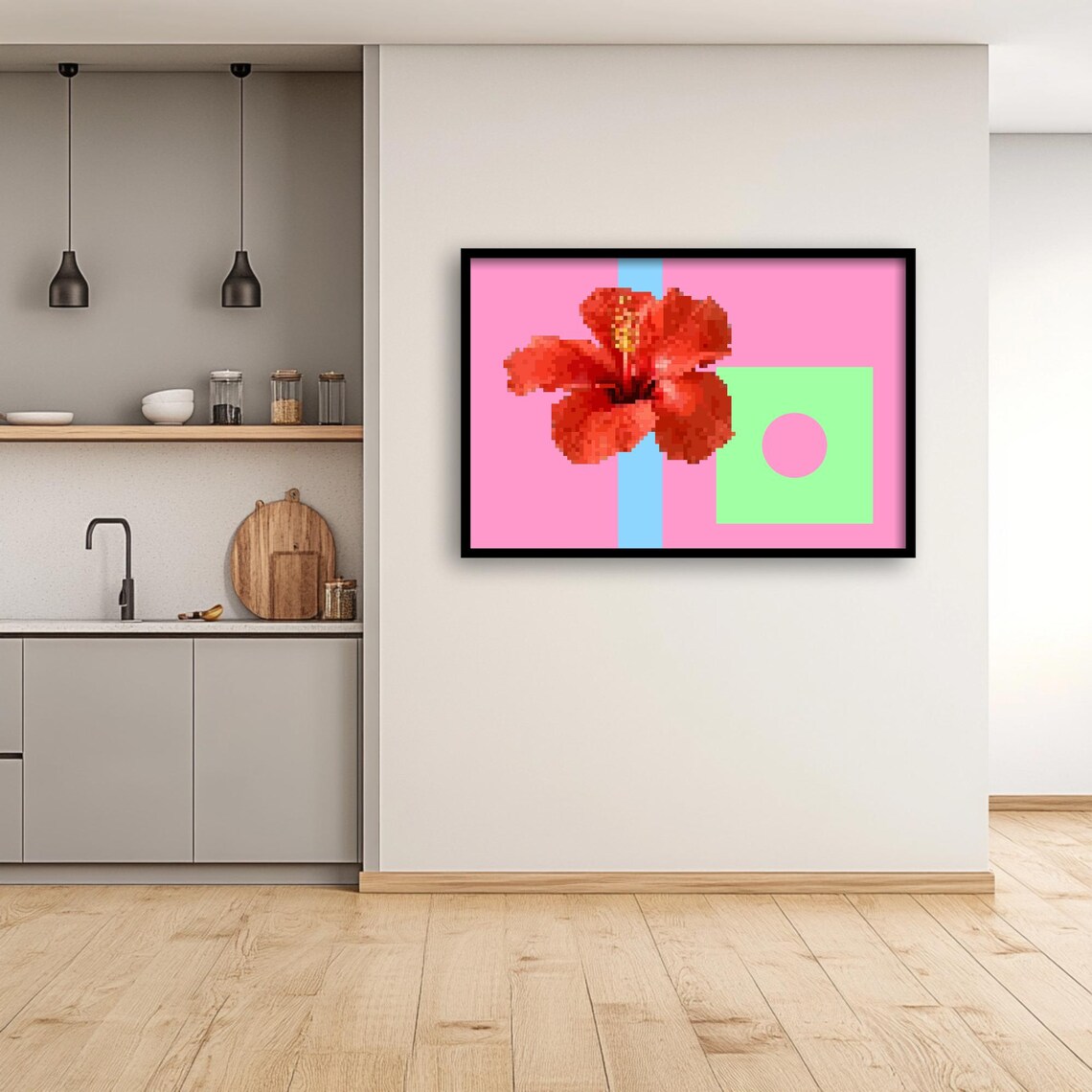 Pixel Hibiscus Flower, Minimalist Retro Style Art Print - Image 2