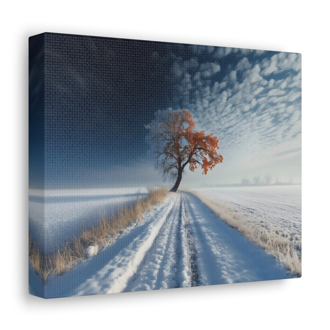 Single Orange Leafed Tree Standing In Snowy Field Under Dramatic Sky Wall Art - Image 2