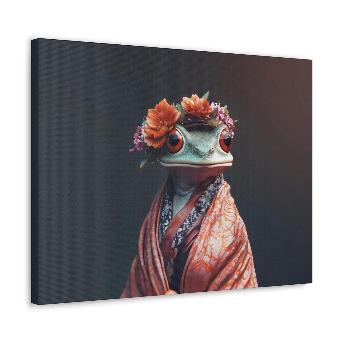 Red Eyed Tree Frog Floral Crown Portrait In Coral Kimono Robe Poster - Image 2