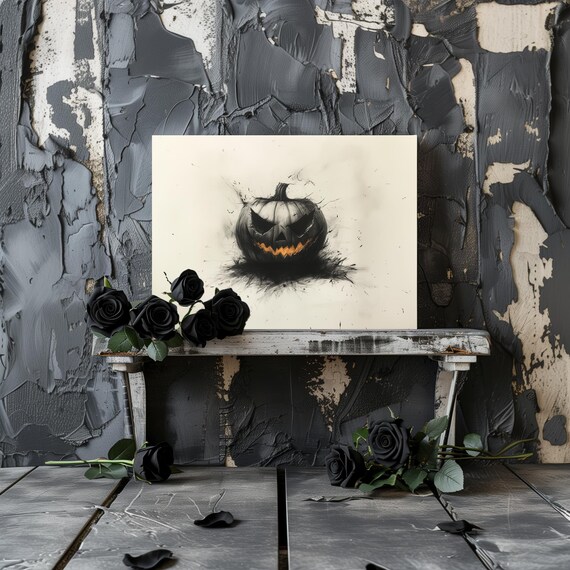 Minimalist Charcoal Jack-O-Lantern Grinning Pumpkin Spooky Halloween Poster