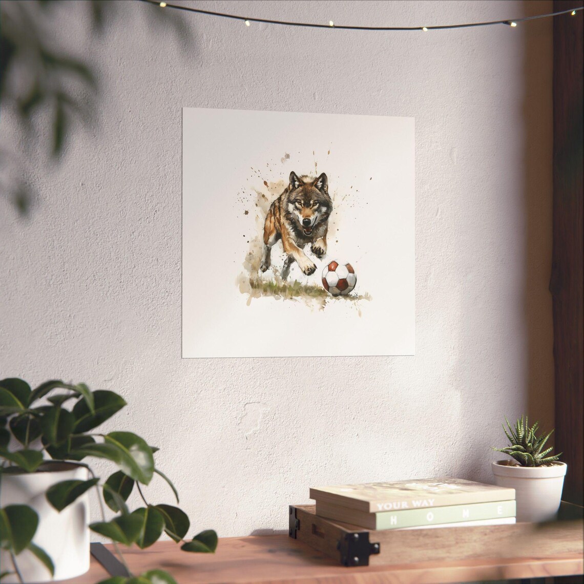 Wolf Soccer Player Watercolor Art Wild Dog Chasing Ball Sport Scene Poster
