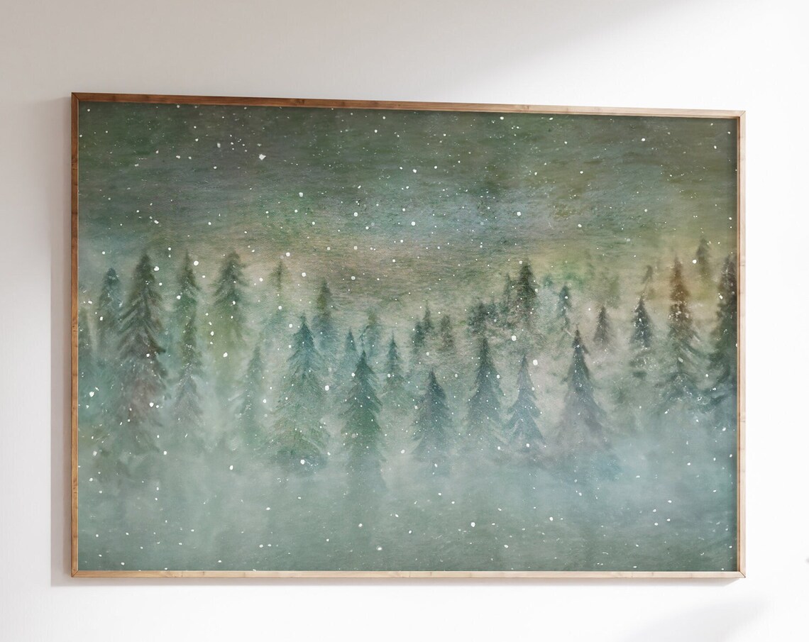 Snowy Pine Forest Falling Snow Winter Woodland Landscape Art Poster