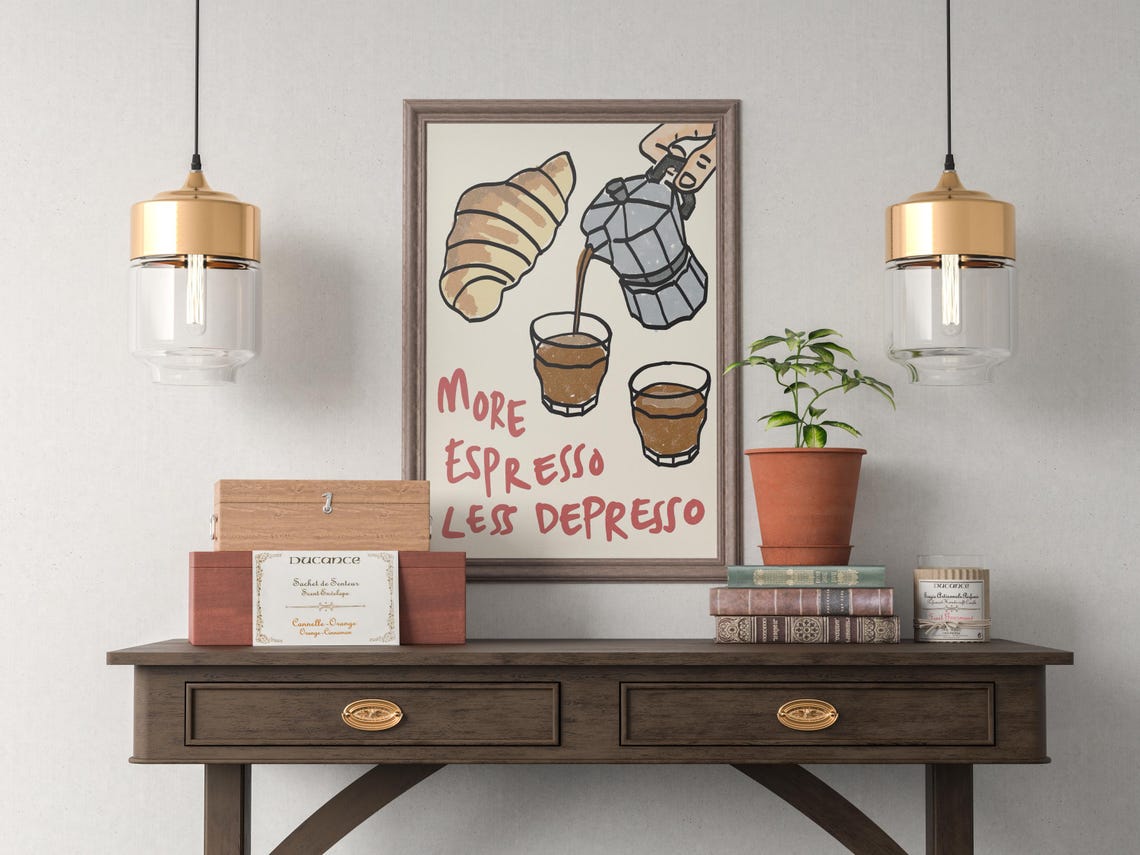 More Espresso Less Depresso Funny Coffee Poster Moka Pot Croissant - Image 2