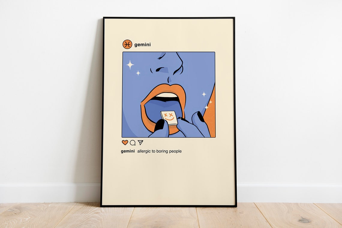 Gemini Zodiac Pop Art Blue Lips Holding Pill Astrology Humor Poster - Image 2