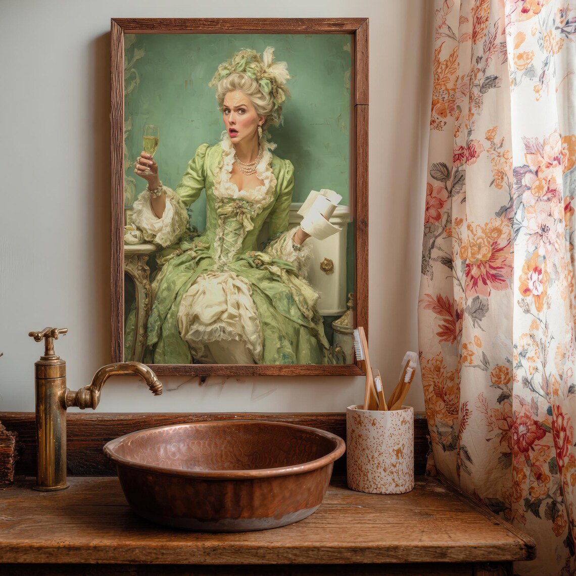 Marie Antoinette Champagne Toilet Paper Funny Green Dress Poster